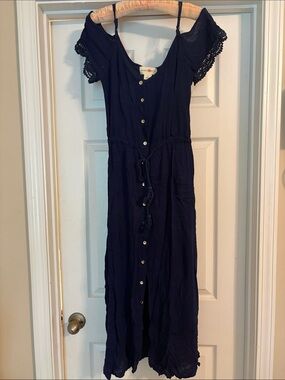 Wishful Park Navy Button-Front Maxi Dress with Crochet Sleeves